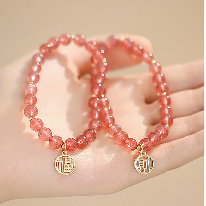 Bransoletka z Buddha Stones 14K pozłacana kwarcem truskawkowym Fu Character Healing Charm