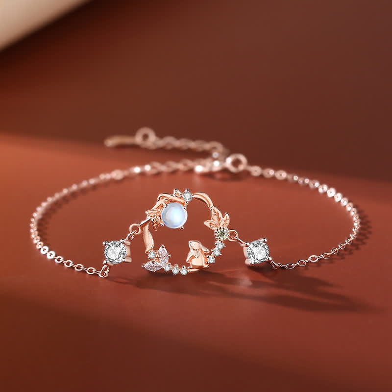 925 Srebro Sterlingowe Rok Królika Kamień Księżycowy Księżyc Kwiat Wzór Naszyjnik Wisiorek Bransoletka Kolczyki - Bransoletka - Różowe złoto - image 5