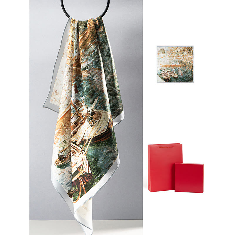 Kamienie Buddha Stones Dżungla Olej Malarstwo Pomyślne Chmury 100% Jedwabny Szalik Morwowy Premium Grade 6A Dwustronny Jedwabny Szalik na Szyję - Świat malarstwa olejnego (Dziewczyna i statek) - image 16