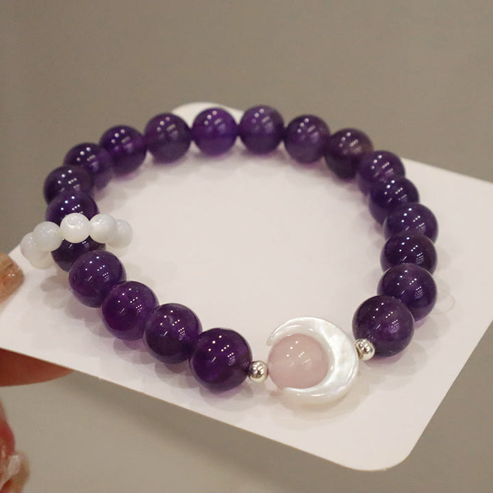 Buddha Stones 925 Srebro Sterling Naturalny Ametyst Akwamaryn Różowy Kryształ Kocie Oko Uzdrawiająca Bransoletka Półksiężyc
