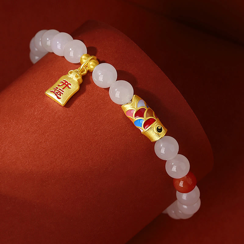 Buddha Stones 925 Srebro Sterlingowe Hetian Biały Jade Czerwony Agat Koi Ryba Szczęście Bransoletka - image 1