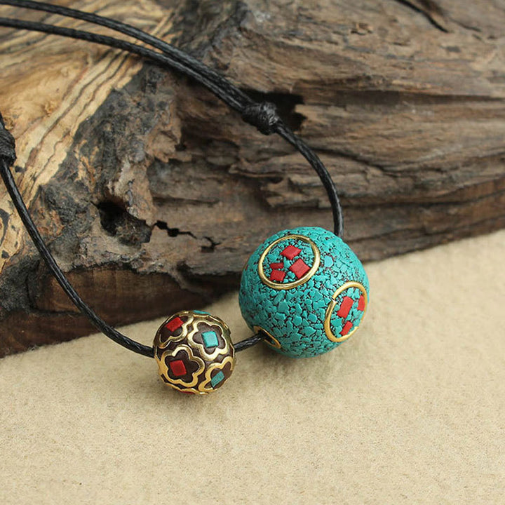 Buddha Stones Tybetański Turkus Podwójny Koralik Ochrona Siła Naszyjnik Wisiorek