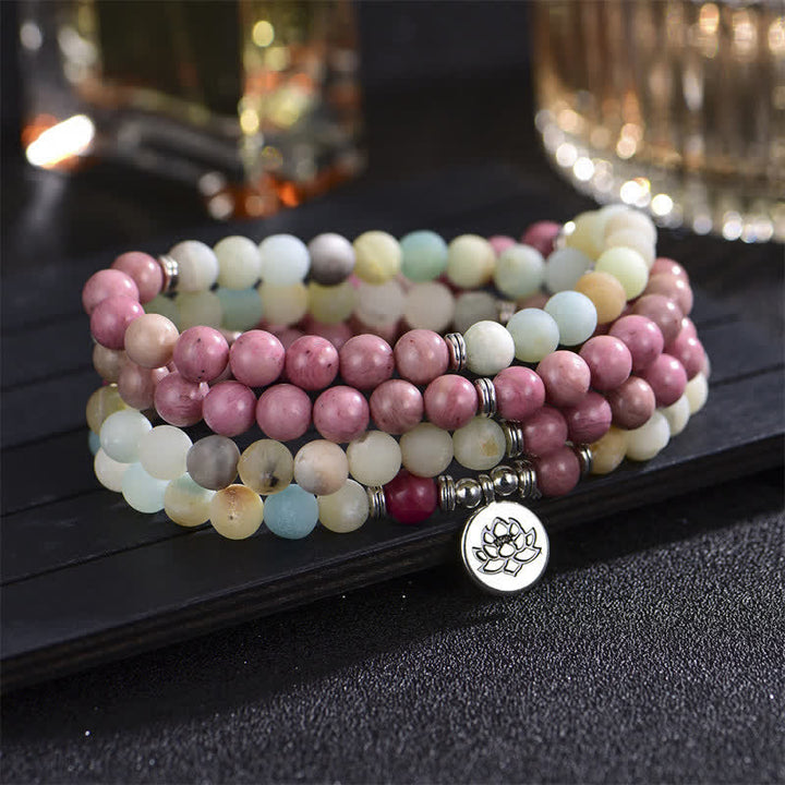 Buddha Stones Lazuryt Picasso Jaspis Amazonit Rodonit Apatyt Pozytywna Bransoletka z Koralików Modlitwy Lotosu