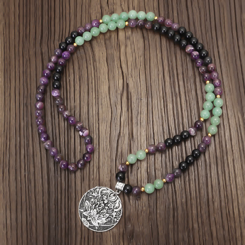 Buddha Stones 108 Mala Beads Ametyst Zielony Awenturyn Lotus Medytacyjna Bransoletka