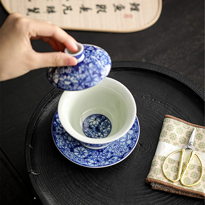 Buddha Stones Vintage Niebieski I Biały Porcelana Ceramiczna Gaiwan Sancai Filiżanka Kung Fu Filiżanka I Spodek Z Pokrywką