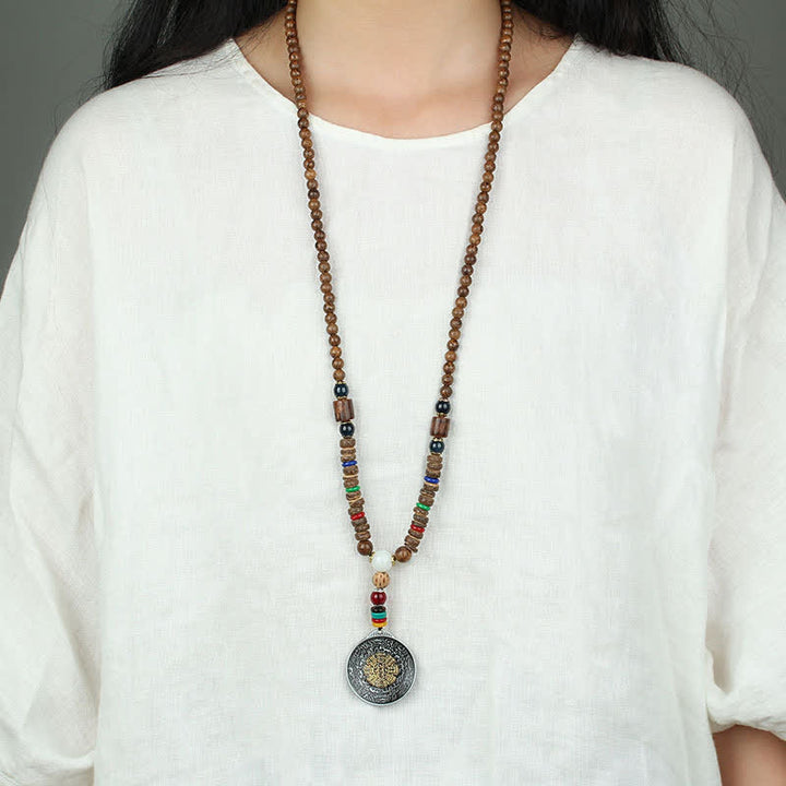 Buddha Stones Tybetańskie Om Mani Padme Hum Modlitewne Koło Obrotowe Naszyjnik Wisiorek z Drewna Vajra - image 21