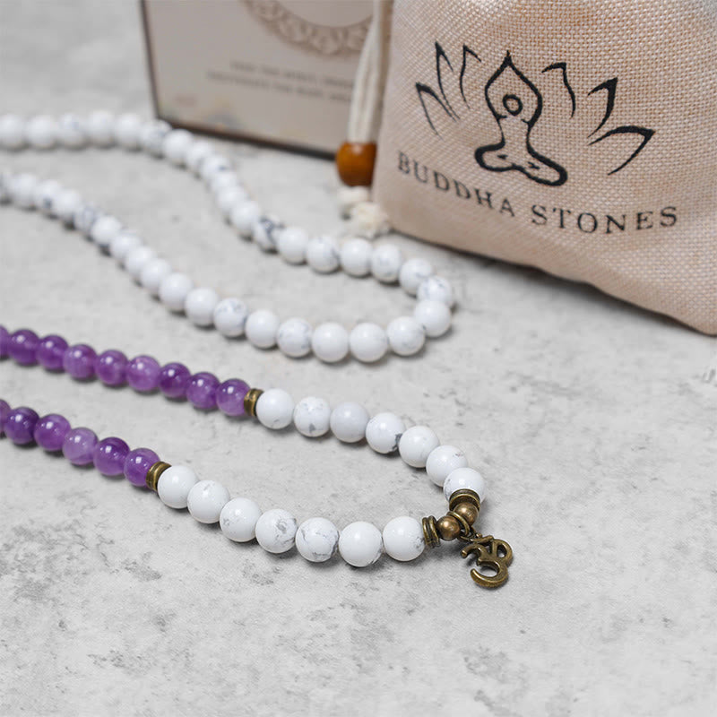 Buddha Stones 108 Mala Beads Ametyst Biały Turkus OM Healing Medytacja Energia Bransoletka