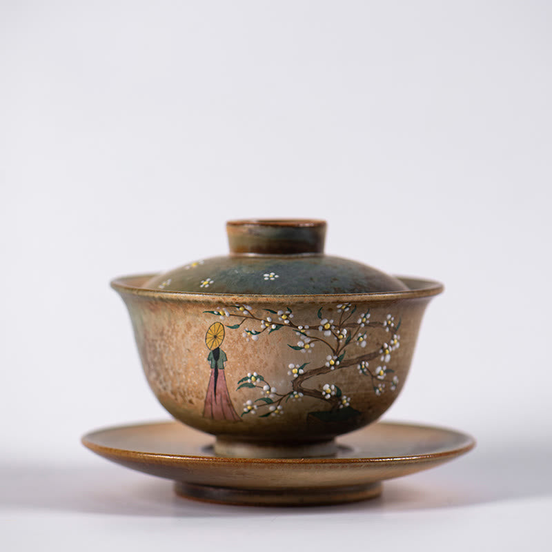 Buddha Stones Jingdezhen Malowana ręcznie porcelana Ru Kiln Hanfu Dziewczyna Kwiat Ceramiczny Gaiwan Sancai Filiżanka Kung Fu Filiżanka I Spodek Z Pokrywką