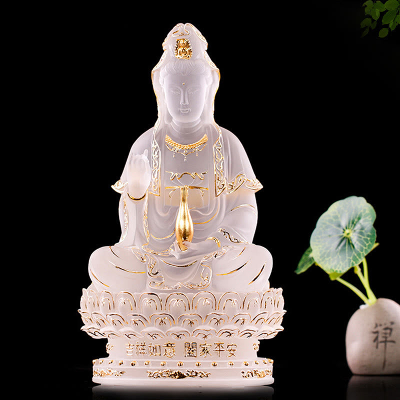 Buddha Stones Kwan Yin Awalokiteśwara Ręcznie robiona figurka Liuli Kryształowe dzieło sztuki Statua bogactwa Ofiara domowa Dekoracja - 23 cm Biało-złoty - image 0