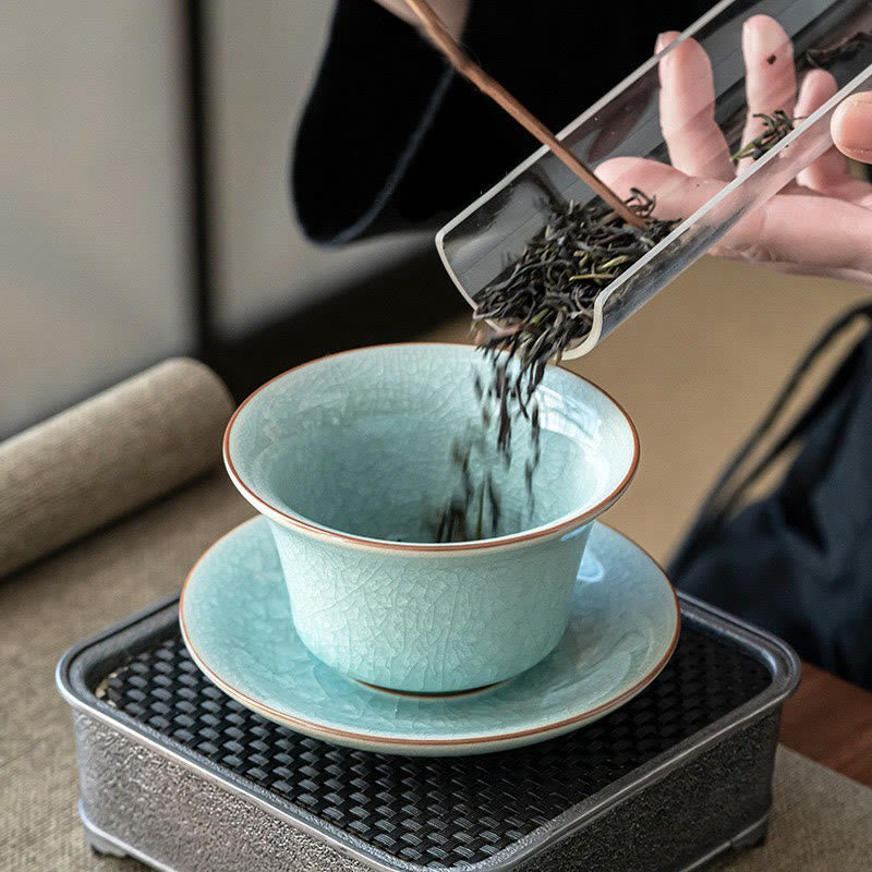 Buddha Stones Retro Zielony Lodowy Glazura Ceramiczny Gaiwan Sancai Filiżanka Kung Fu Filiżanka I Spodek Z Pokrywką
