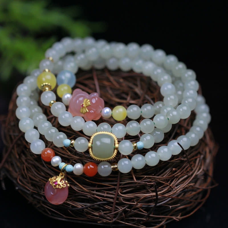 Buddha Stones Naturalny Hetian Jade Różowy Kryształ Klamra Spokoju Bransoletka Szczęście Obfitość
