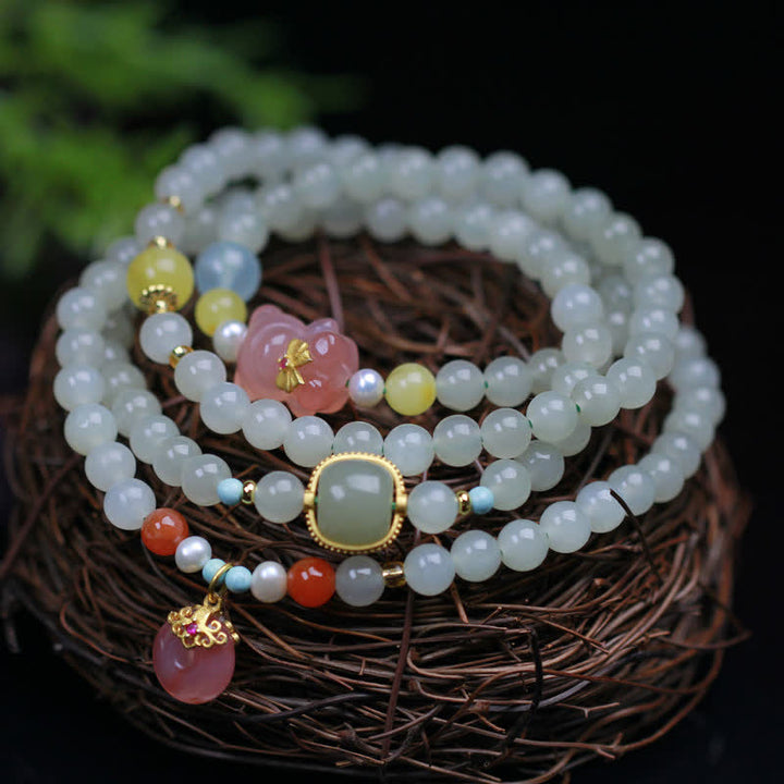 Buddha Stones Naturalny Hetian Jade Różowy Kryształ Klamra Spokoju Bransoletka Szczęście Obfitość