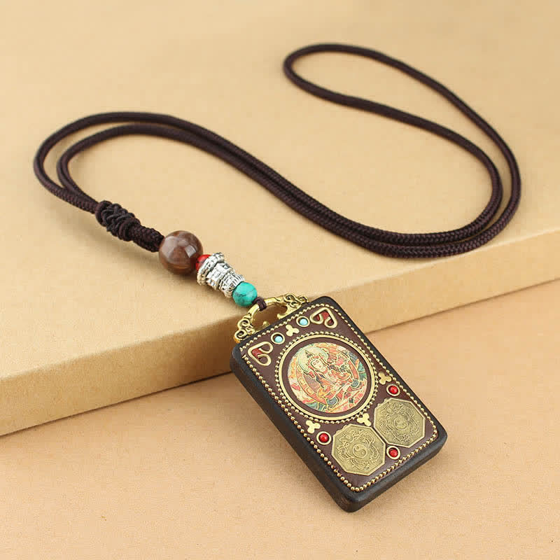 Buddha Stones Tybet Bóg Bogactwa Thangka Ebony Naszyjnik Pokój Wisiorek