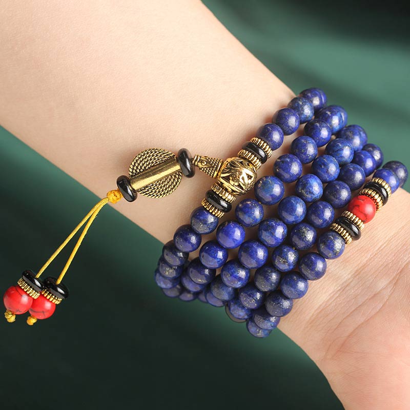 Buddha Stones Tybetańska Mala Lapis Lazuli Pozytywna Bransoletka