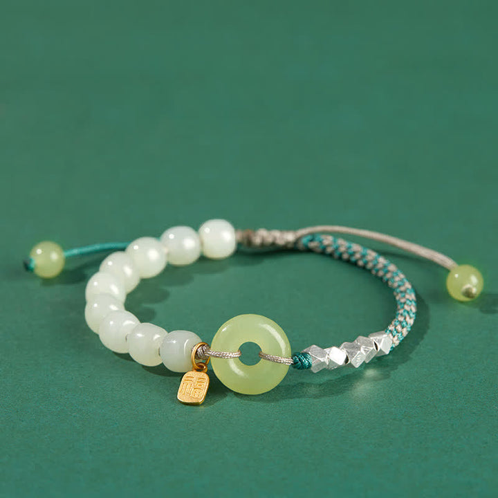 Buddha Stones 925 Srebro Sterlingowe Hetian Jade Klamra Pokoju Koralikowa Bransoletka Szczęścia Szczęścia