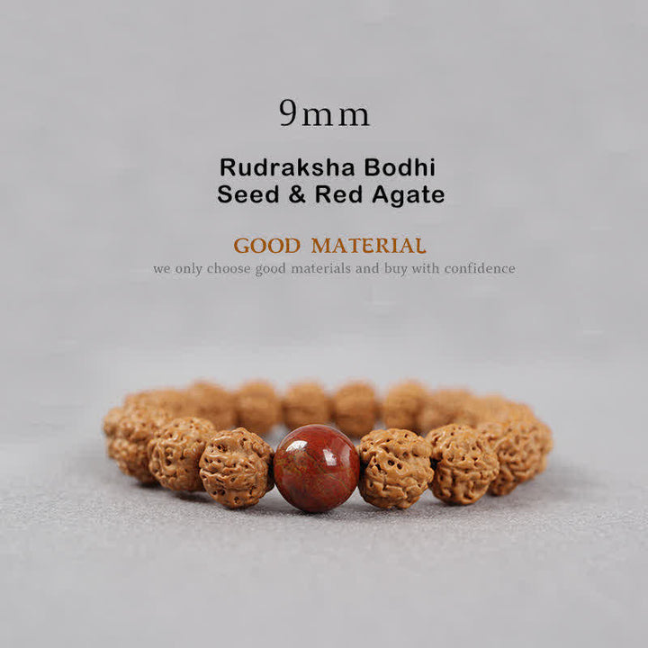 Buddha Stones Tybet Rudraksha Bodhi Nasiona Dzi Koralik Bursztyn Turkus Bransoletka Bogactwo - 9 mm - Nasiona Rudraksha Bodhi i czerwony agat - image 8