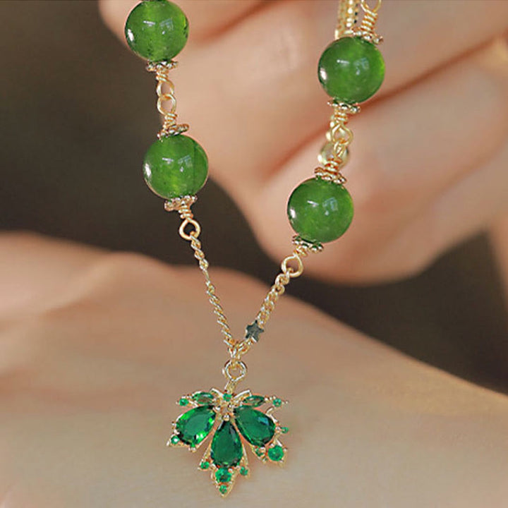 Bransoletka Buddha Stones 14k Gold Plated Green Chalcedon Maple Leaf Courage Strength