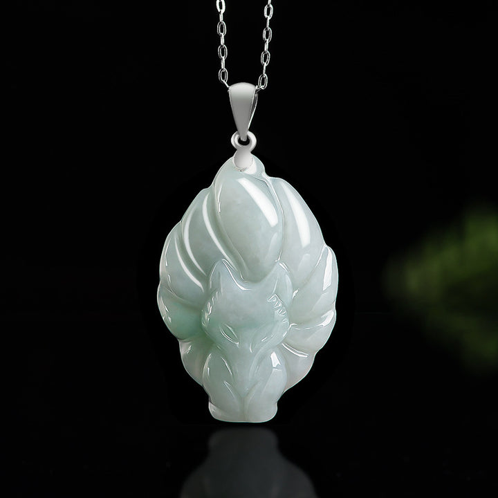Buddha Stones 925 Srebro Sterling Naturalny Jade Dziewięcioogonowy Lis Naszyjnik Wisiorek Dobrobyt