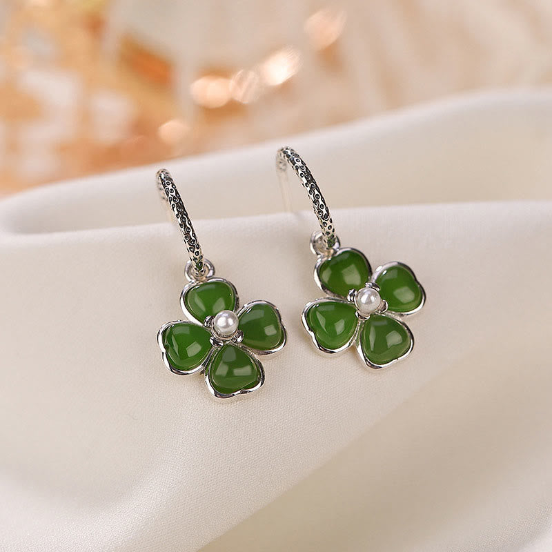 Kolczyki Buddha Stones 925 Sterling Silver Natural Cyan Jade Four Leaf Clover Luck Success