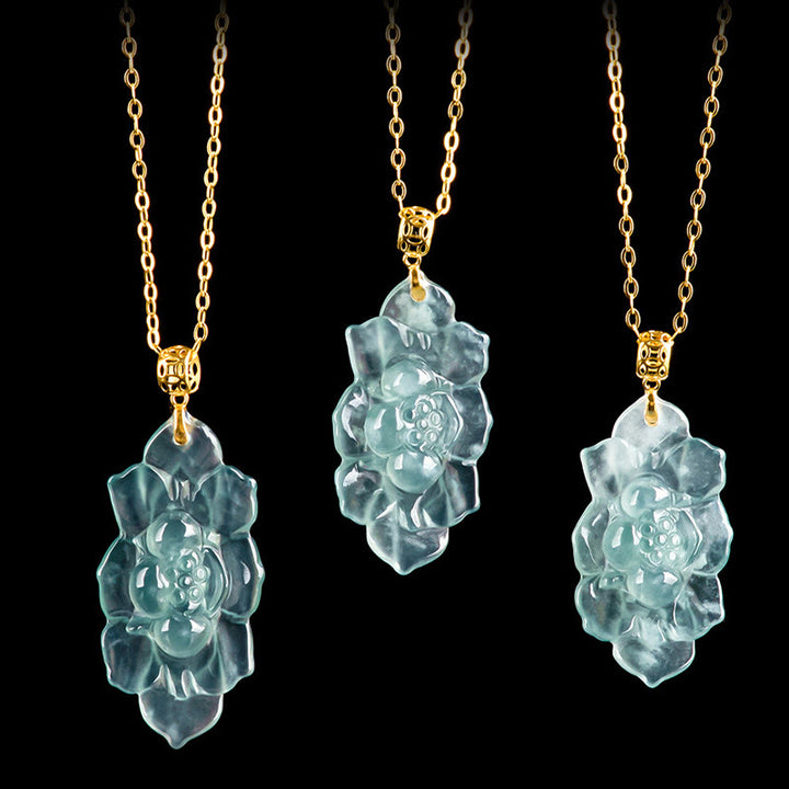 Buddha Stones 18K Złoto Naturalny Jadeit Wzór Lotosu Naszyjnik Wisiorek Dobrobyt - image 8