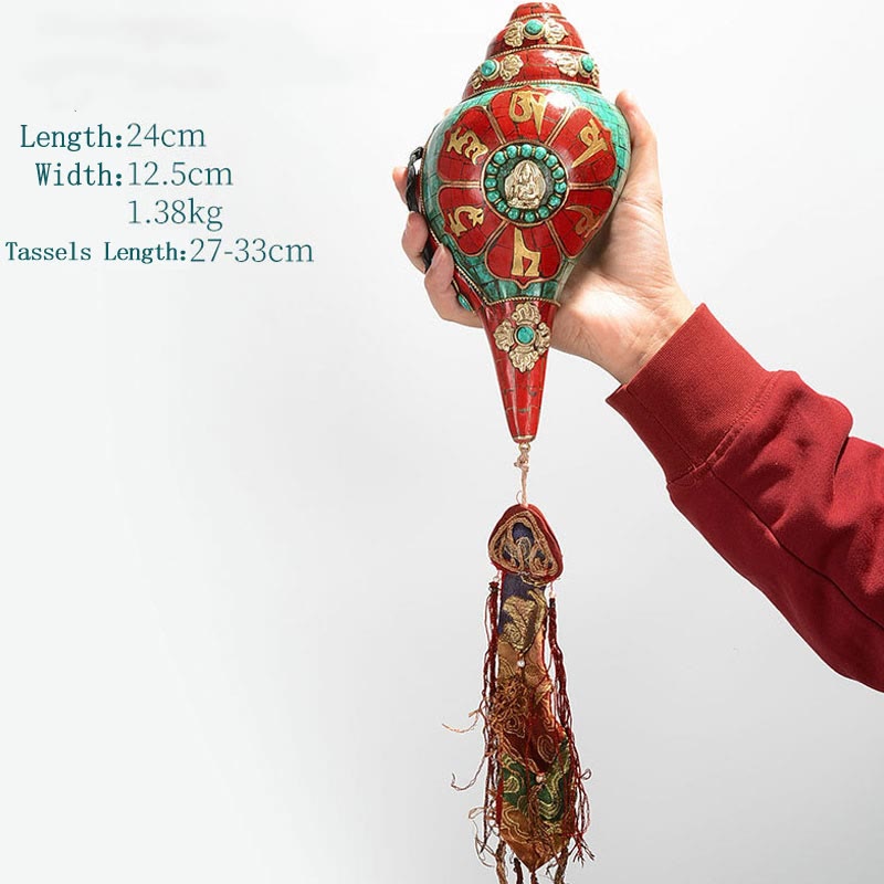 Tybetańska, ręcznie robiona Shankha Om Mani Padme Hum Budda Avalokitesvara turkusowa muszla pozytywna dekoracja - Om Mani Padme Hum 24*12.5cm - image 18