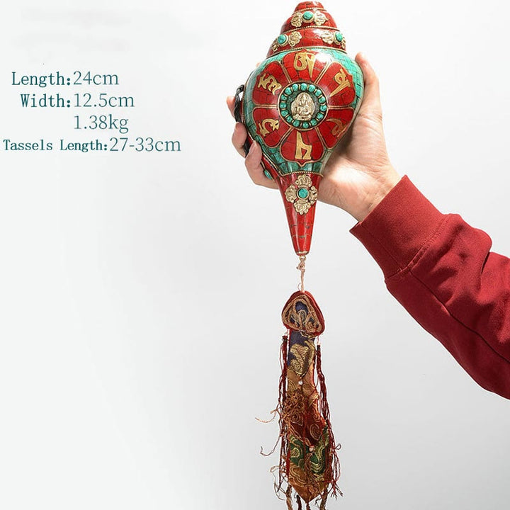 Tybetańska, ręcznie robiona Shankha Om Mani Padme Hum Budda Avalokitesvara turkusowa muszla pozytywna dekoracja - Om Mani Padme Hum 24*12.5cm - image 18