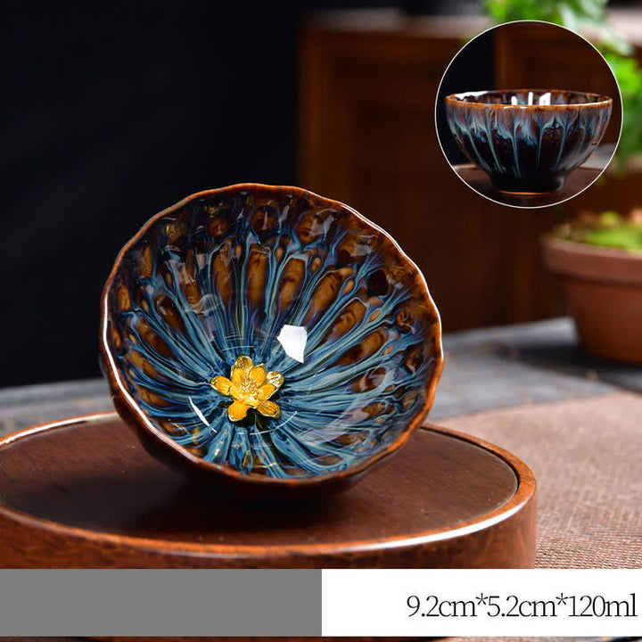 Buddha Stones Lotos Paw Smok Feniks Ryba Koi Ceramiczna filiżanka do herbaty Intarsjowane filiżanki do herbaty 120 ml - Złoto - Kwiat lotosu - image 12
