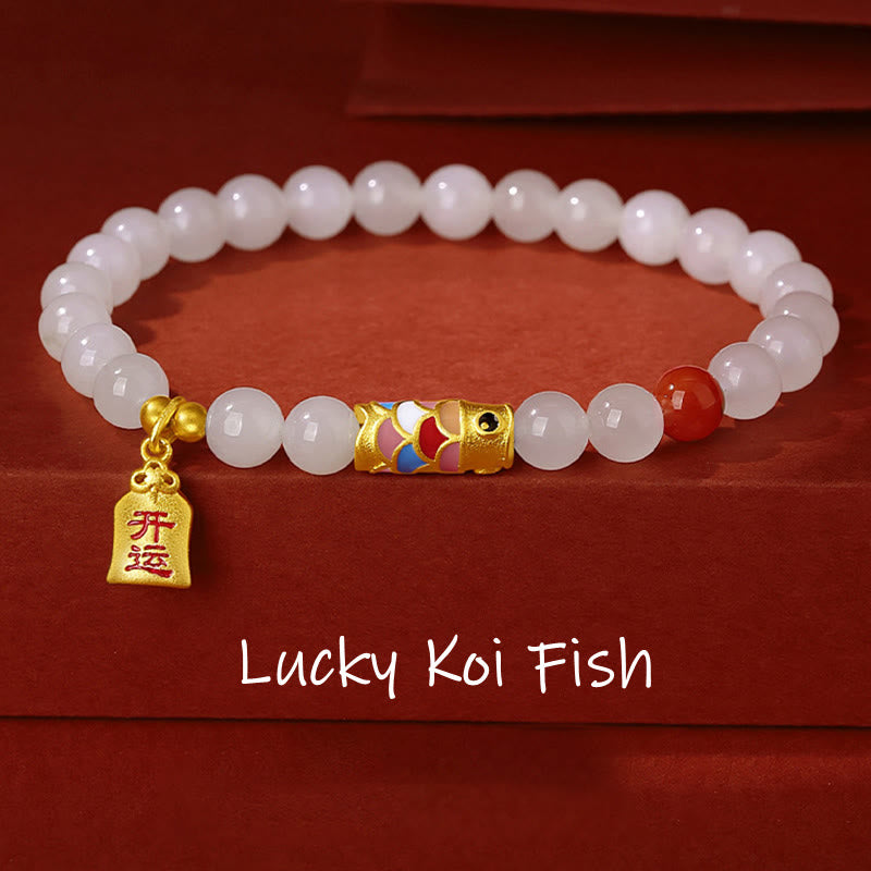 Buddha Stones 925 Srebro Sterlingowe Hetian Biały Jade Czerwony Agat Koi Ryba Szczęście Bransoletka - Biały Jadeit Hetian (Ochrona ♥Szczęście) - image 0