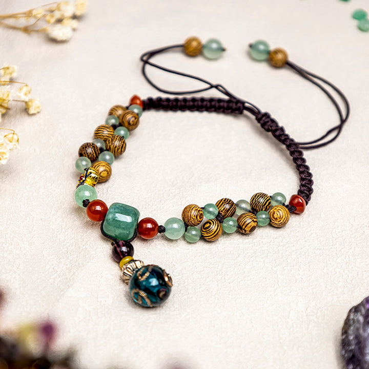 Buddha Stones Bransoletka chroniąca równowagę z drewna wenge z zielonym awenturynem