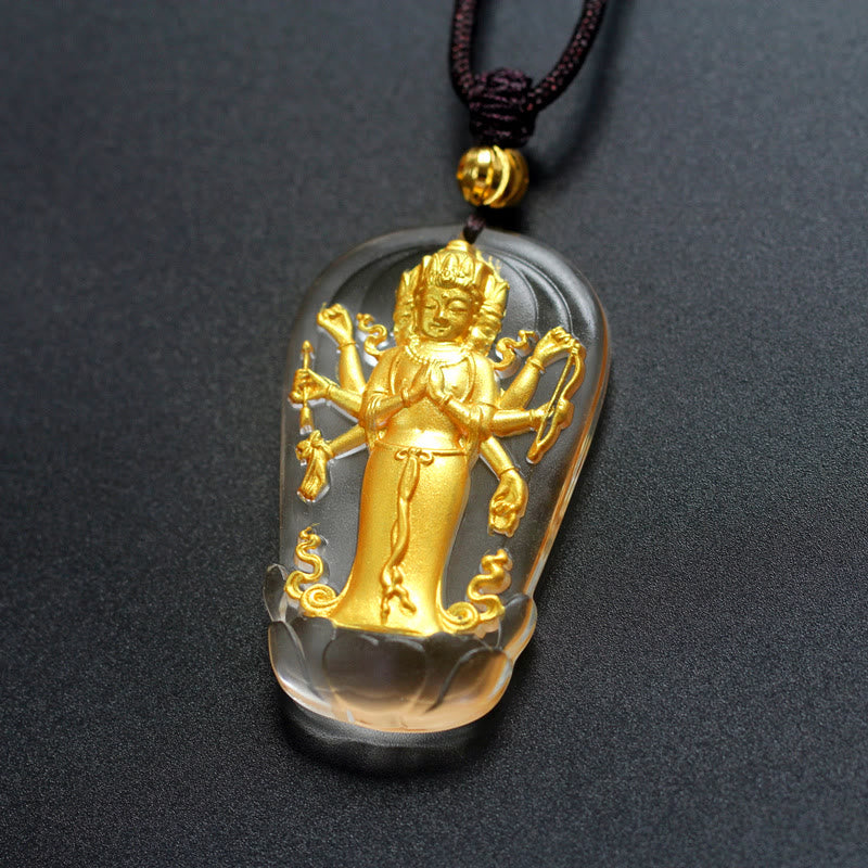 Buddha Stones Tybetański Ośmioramienny Awalokiteśwara Guanyin Budda Pozłacany Liuli Kryształowy Naszyjnik Bogactwo Wisiorek
