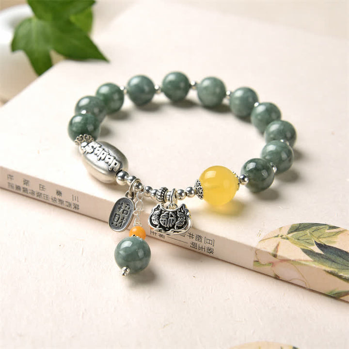 Bransoletka Sukcesu z Buddha Stones 925 Srebro Sterling Cyan Jade Amber