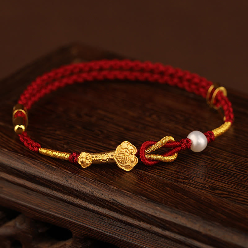 Buddha Stones 24K Złoty Uchwyt Życzenia Ruyi Fu Charakter Królik Perła Szczęście Bransoletka Pleciona
