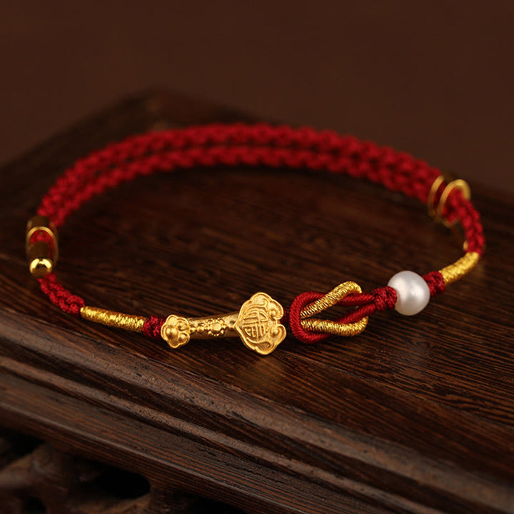 Buddha Stones 24K Złoty Uchwyt Życzenia Ruyi Fu Charakter Królik Perła Szczęście Bransoletka Pleciona