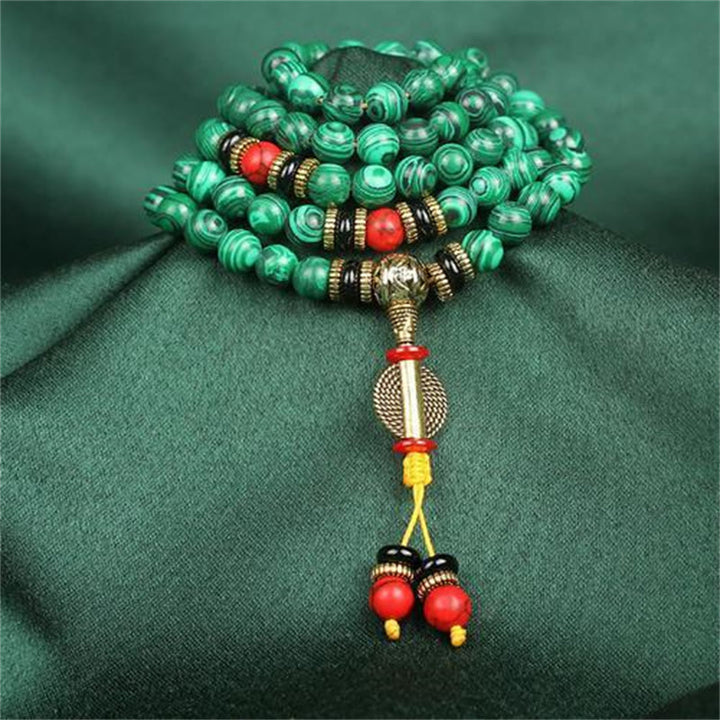 Buddha Stones Tybetańskie 108 Mala Malachite Koraliki Bransoletka Naszyjnik