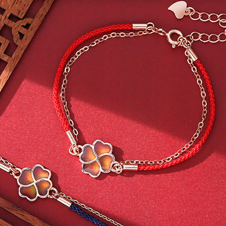 Bransoletka Buddha Stones 925 Sterling Silver Color Changing Four Leaf Clover Luck Protection Red String