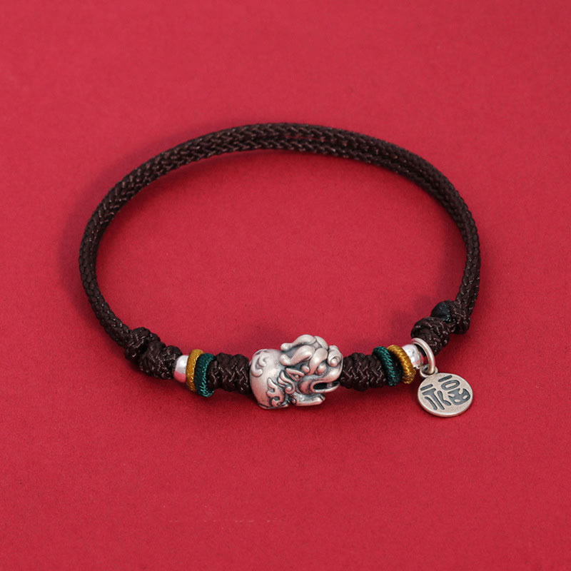 Buddha Stones 925 Srebro Sterlingowe PiXiu Fu Charakter Bogactwo Szczęście Ręcznie Pleciona Bransoletka - Brązowa lina (obwód nadgarstka 14-17 cm) - image 7