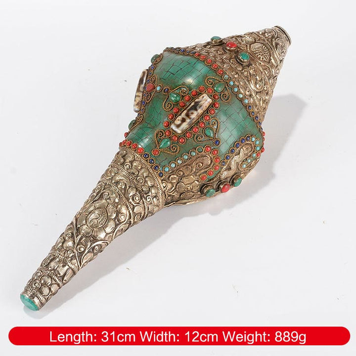 Tybetański ręcznie grawerowany Shankha Double Dorje Budda Conch Shell Wealth Pozytywna dekoracja - Podwójny Dorje 31*12cm - image 2