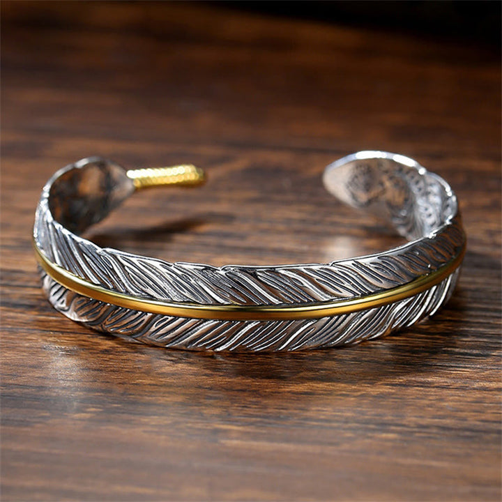 Buddha Stones Wzór Piór Rzeźbiony Szczęście Bogactwo Mankiet Bransoletka Bangle
