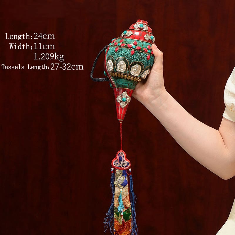 Tybetańska, ręcznie robiona Shankha Om Mani Padme Hum Budda Avalokitesvara turkusowa muszla pozytywna dekoracja - Czerwony turkus 24*11cm - image 1