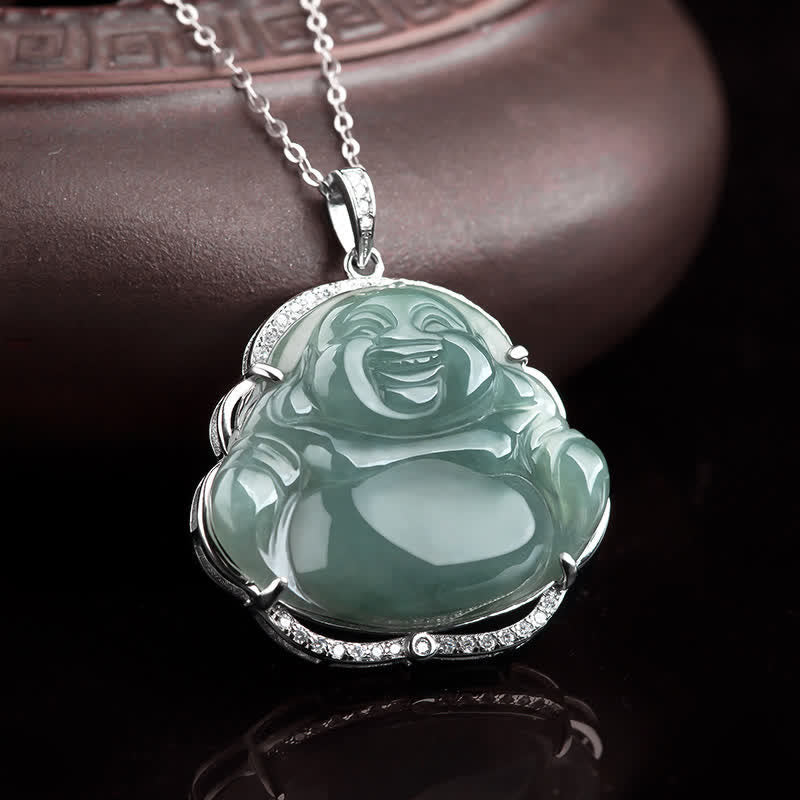 Naszyjnik z Buddha Stones Śmiejący się Budda Naturalny Jadeit Szczęścia Wisiorek ze Stali Tytanowej - image 1