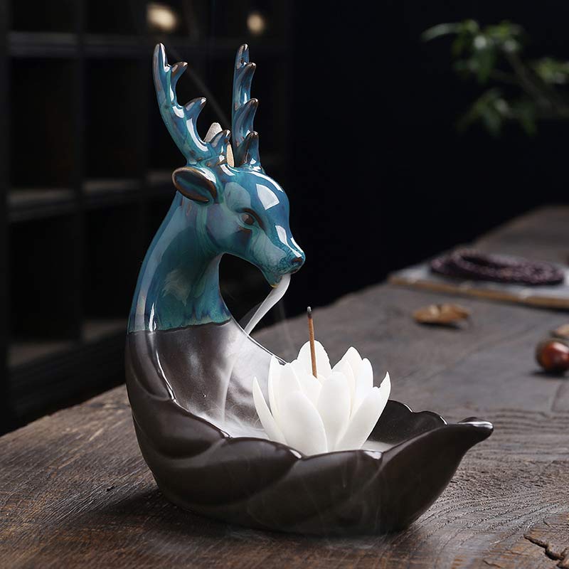 Buddha Stones Mały Jeleń Ceramiczny Lotos Medytacja Kadzielnica Dekoracja