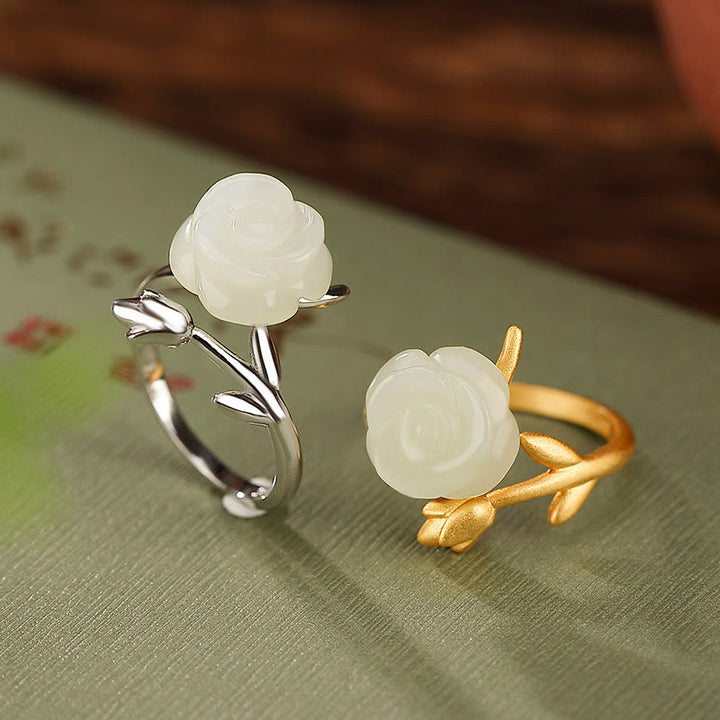 Buddha Stones 925 Srebro Sterlingowe Pozłacane Róże Kwiat Hetian Biały Jade Pierścień Szczęścia
