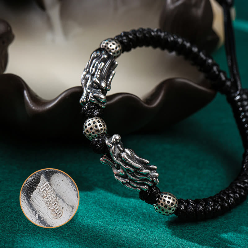 Buddha Stones 999 Srebro Sterlingowe Podwójny Smok Szczęście Ręcznie Pleciona Bransoletka