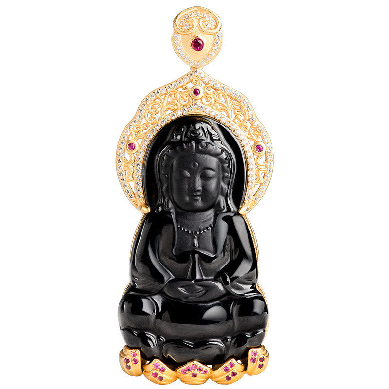 Naszyjnik z Buddha Stones z naturalnego czarnego jadeitu Kwan Yin Awalokiteśwara Wealth z tytanu i stali. - image 3
