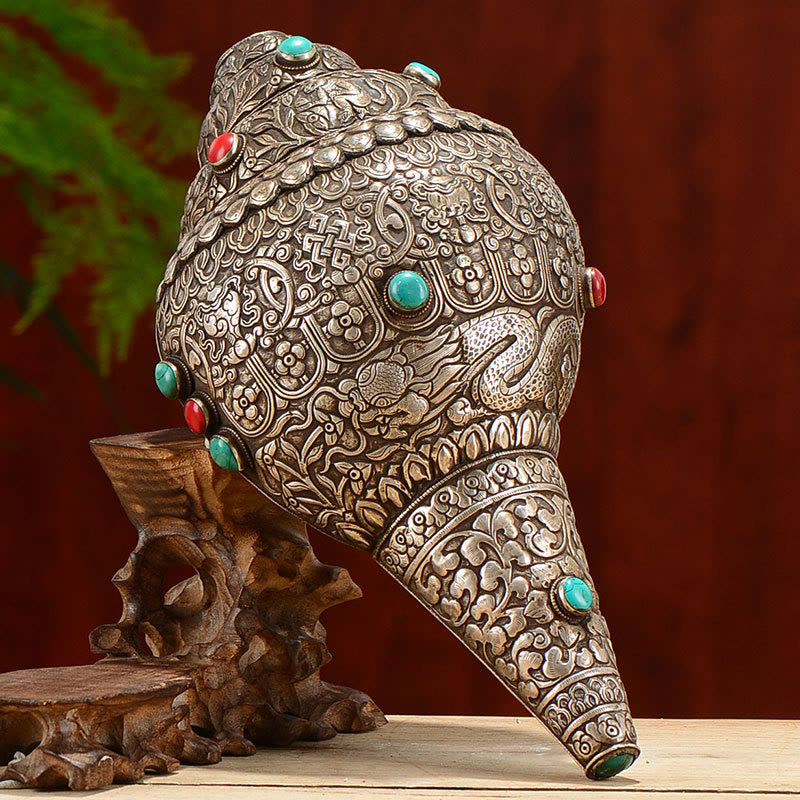 Tybetańska ręcznie robiona naturalna Shankha z ośmioma pomyślnymi symbolami, muszla Conch, szczęśliwa dekoracja domu - 27,5*15 cm - image 0