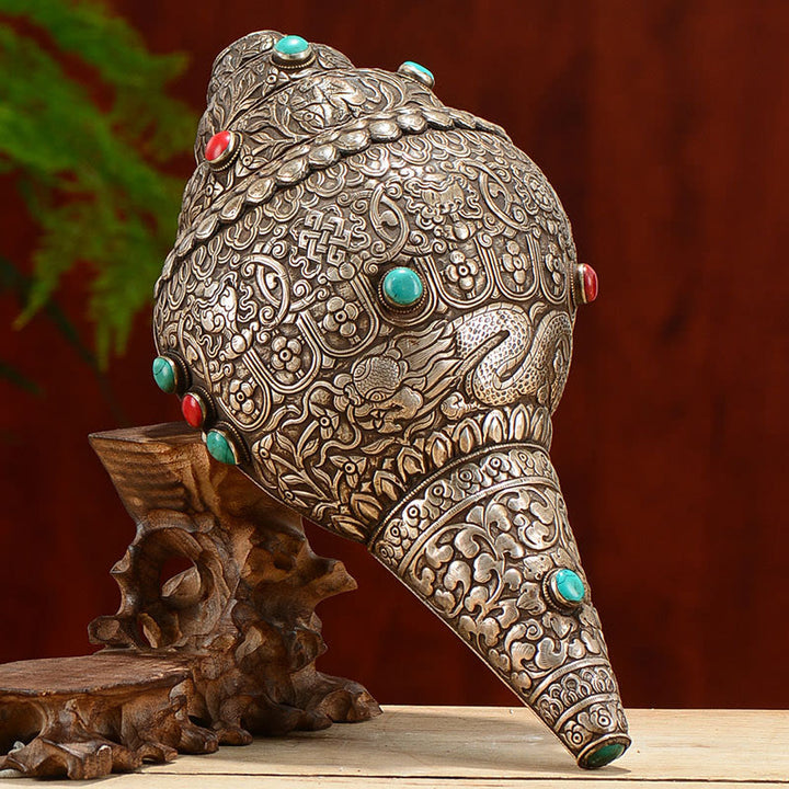 Tybetańska ręcznie robiona naturalna Shankha z ośmioma pomyślnymi symbolami, muszla Conch, szczęśliwa dekoracja domu - 27,5*15 cm - image 0