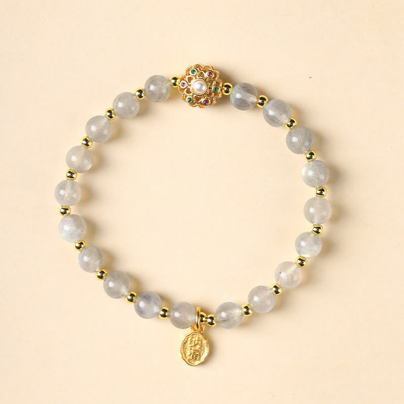 Buddha Stones 14K pozłacane Naturalny Kwarc Truskawkowy Labradoryt Kamień Słoneczny Fu Charakter Pozytywny Charm Bransoletka