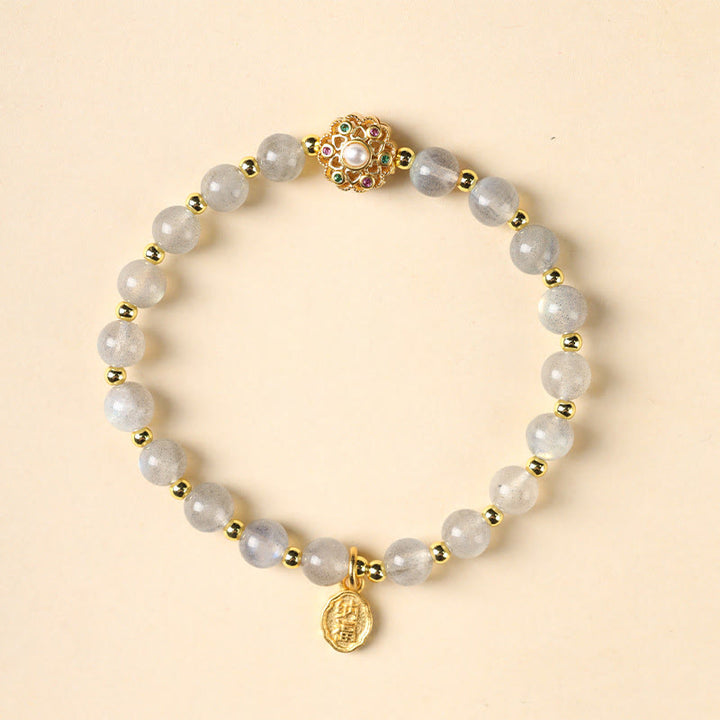 Buddha Stones 14K pozłacane Naturalny Kwarc Truskawkowy Labradoryt Kamień Słoneczny Fu Charakter Pozytywny Charm Bransoletka
