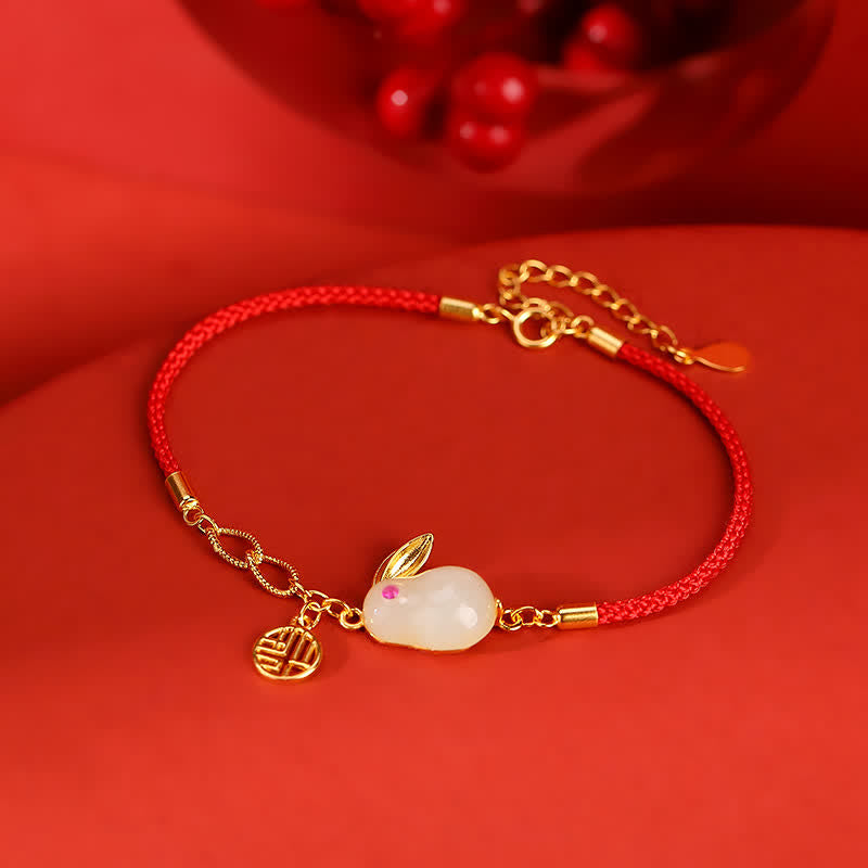 Bransoletka z białego jadeitu, Rok Królika, 925 Sterling Silver, Czerwony sznurek, Błogosławieństwo Szczęścia