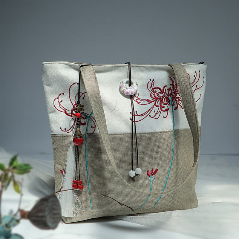 Kwiat gruszy śliwka brzoskwiniowy kwiat bambus haft płótno duża pojemność torba na ramię torba typu tote - Beżowo-biały kwiat mangushakas - image 40